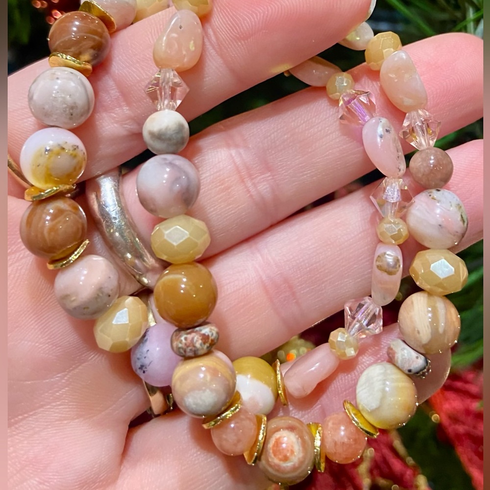SALE* HANDCRAFTED Pink Opal, Agate, Polished Wood, Crystal Beaded Bracelet Set
